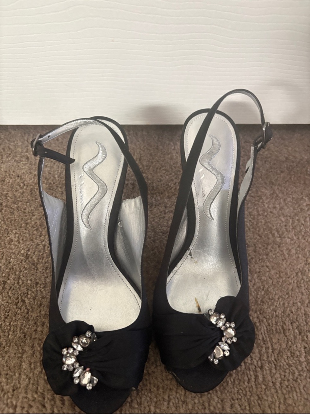 Nina Black Slingback Peep-Toe Heels with Crystal Embellishment leather sole